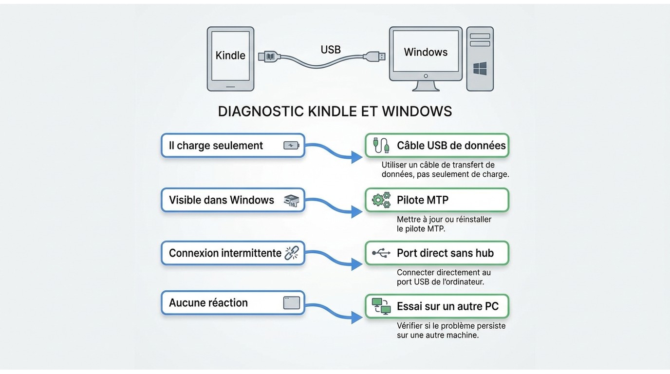Diagnostic Kindle : symptôme de connexion et première vérification sur Windows.