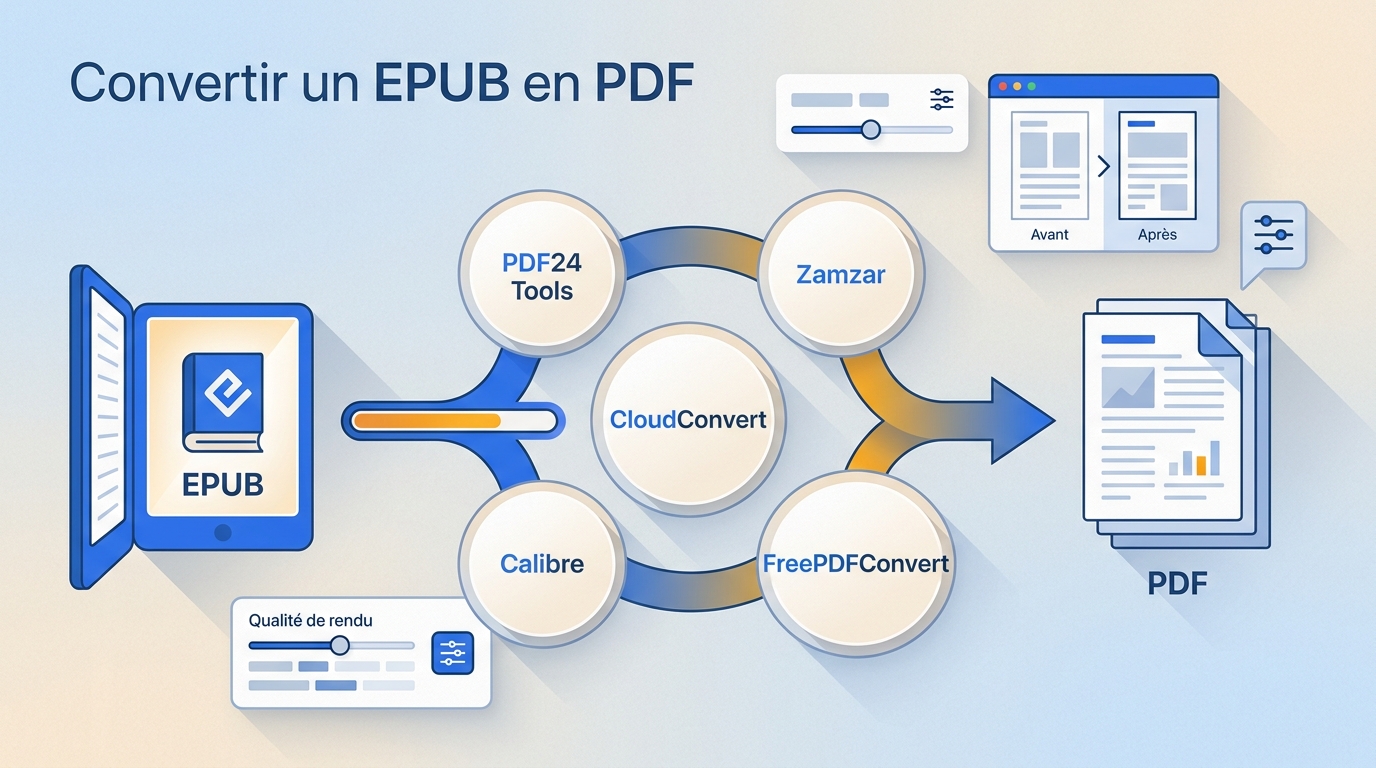 Convertir EPUB en PDF : 5 outils, limites et qualité de rendu