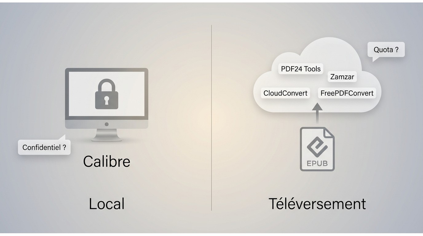 Calibre traite localement, tandis que les convertisseurs web reçoivent le fichier.