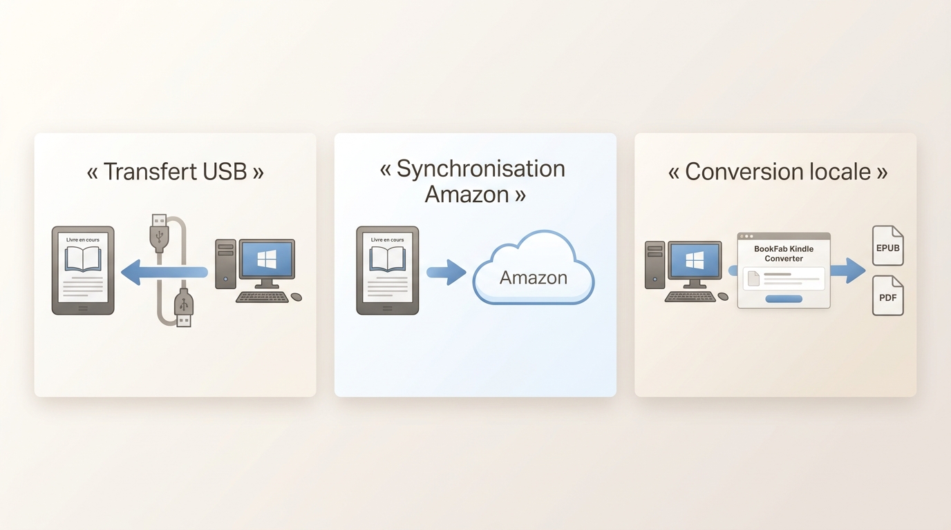 Différence entre transfert USB Kindle, synchronisation Amazon et conversion BookFab en EPUB ou PDF.