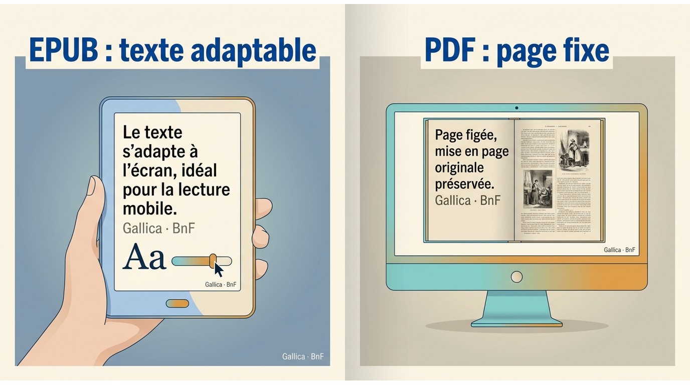 EPUB adaptable sur liseuse comparé au PDF à page fixe sur ordinateur.