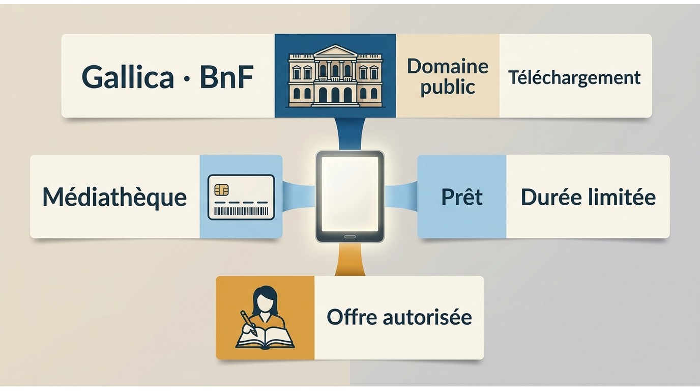 Trois accès légaux aux ebooks : domaine public, prêt de médiathèque et offre autorisée.