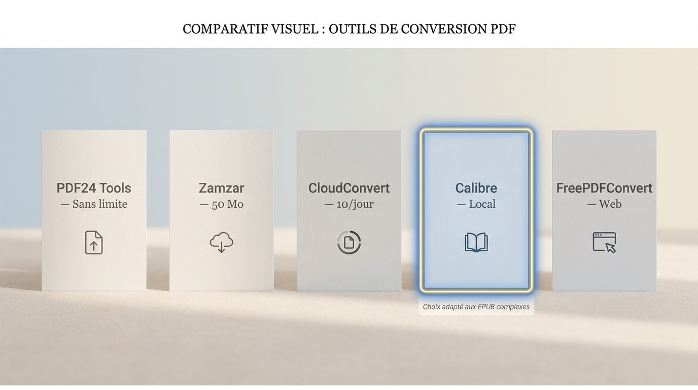 Comparaison de PDF24 Tools, Zamzar, CloudConvert, Calibre et FreePDFConvert.