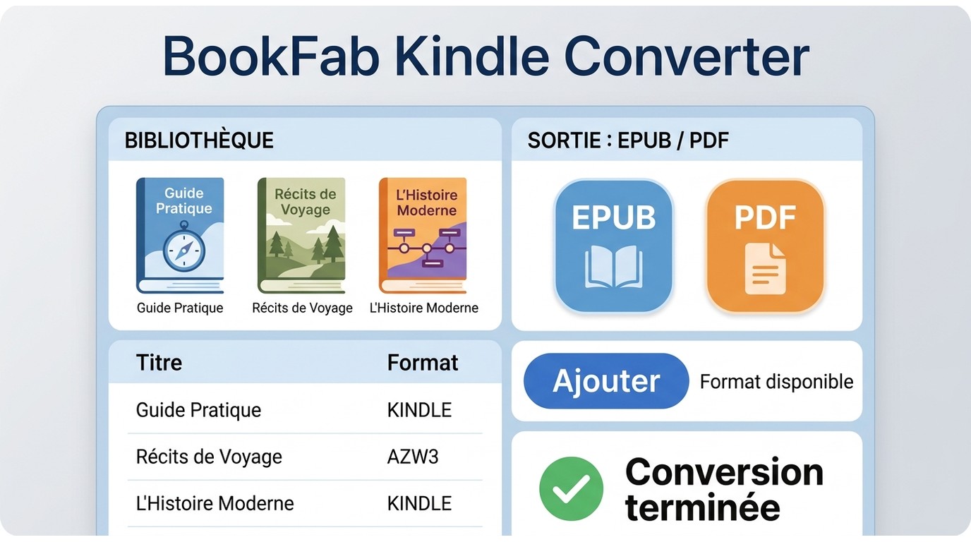 BookFab Kindle Converter organise des livres autorisés et les convertit en EPUB ou PDF.