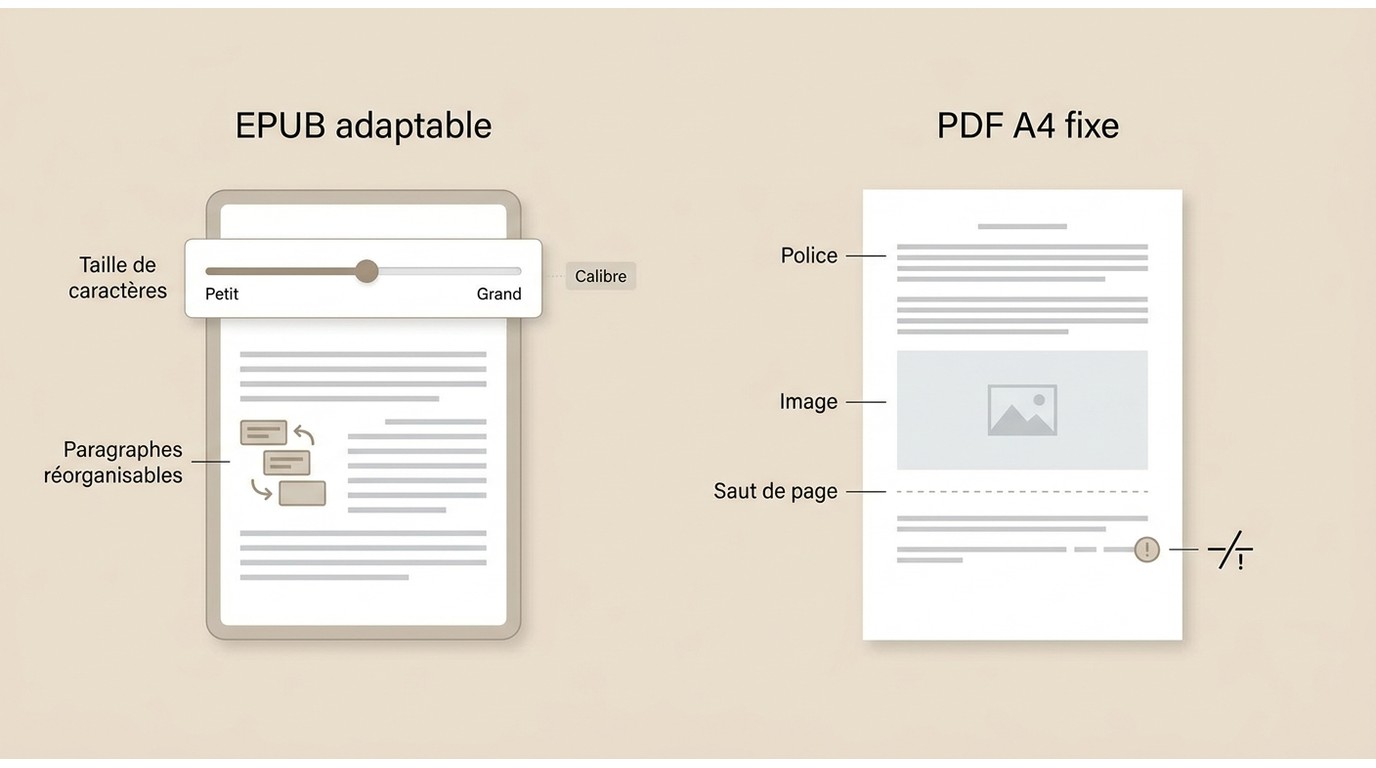 Différences de pagination entre un EPUB adaptable et un PDF fixe.