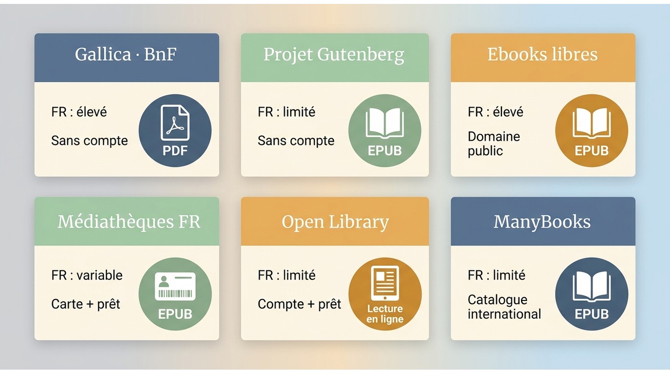 Comparaison de Gallica, Gutenberg, médiathèques et autres sources par format et accès.