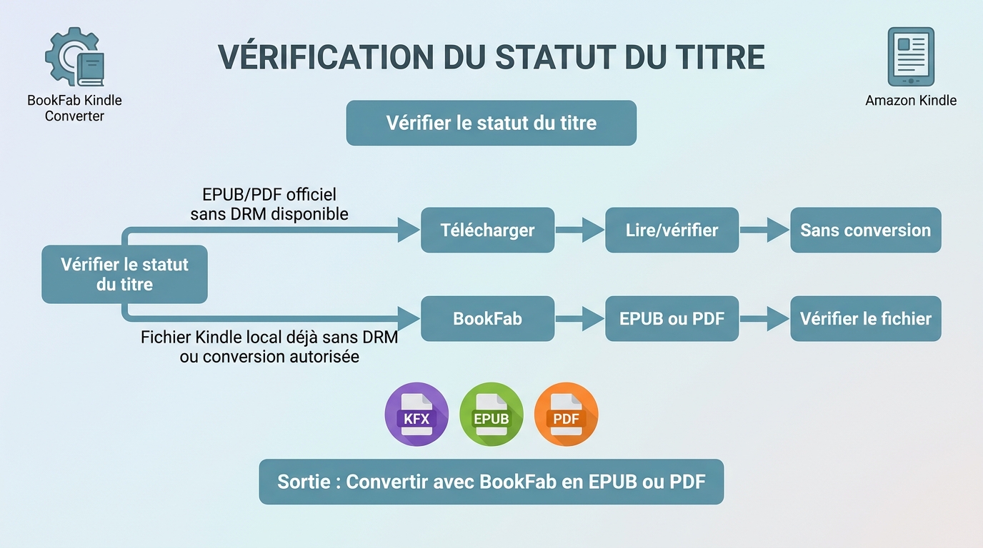 Parcours BookFab et Kindle pour choisir un EPUB ou PDF officiel ou une conversion locale autorisée.