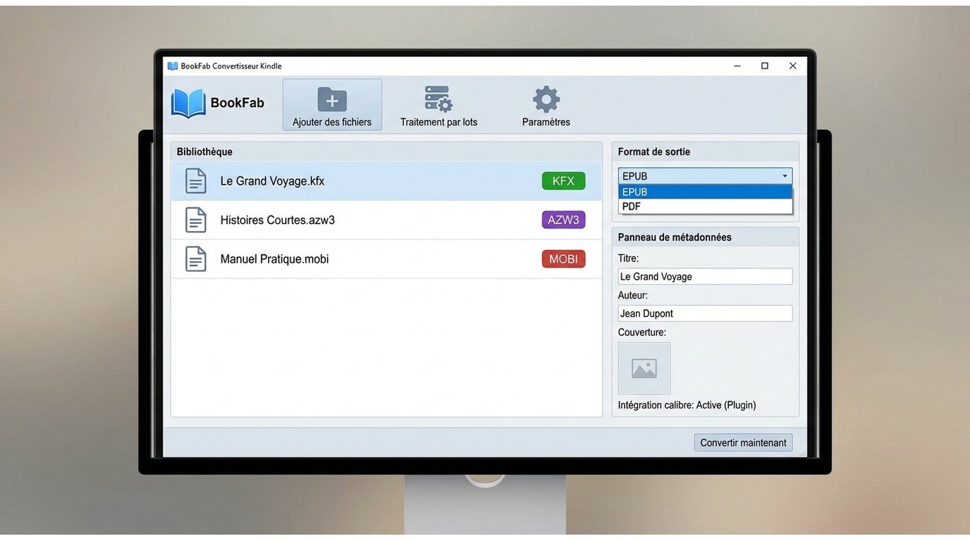 Interface BookFab Kindle Converter avec fichiers KFX, AZW3 et MOBI exportables en EPUB ou PDF.