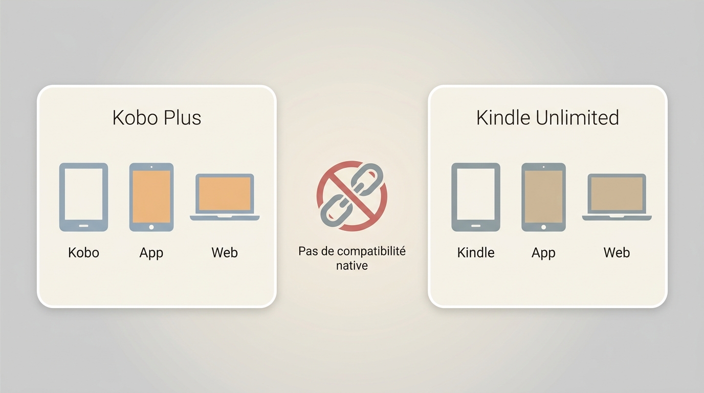 Kobo Plus fonctionne sur Kobo, Kindle Unlimited sur Kindle, sans compatibilité native croisée.