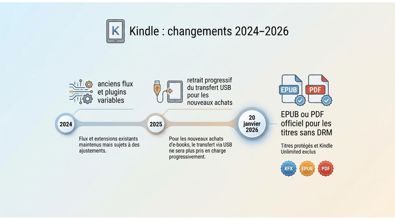 Chronologie Kindle 2024-2026 sur USB, DRM et téléchargements EPUB ou PDF officiels.