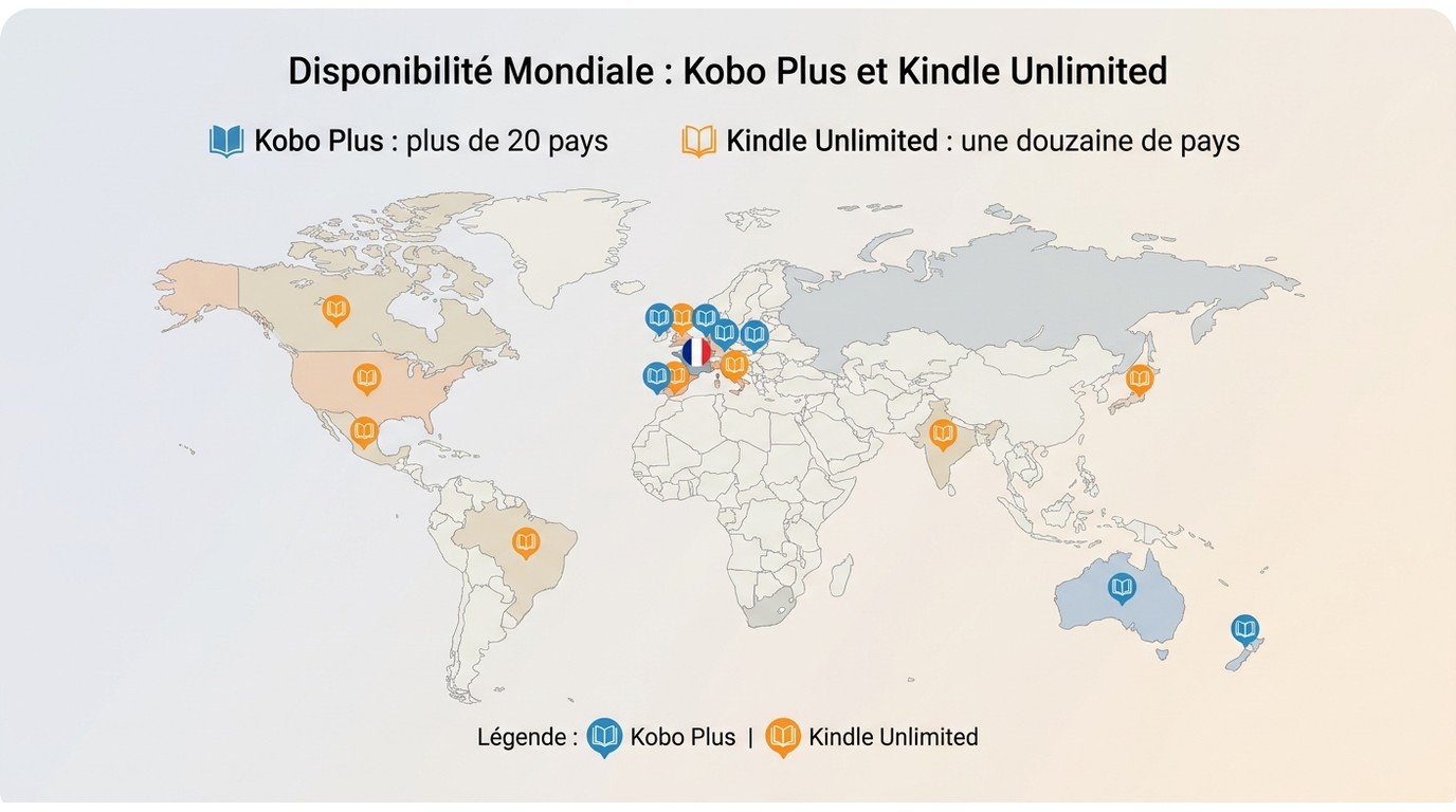 Disponibilité mondiale de Kobo Plus et Kindle Unlimited, avec la France incluse dans les deux servic