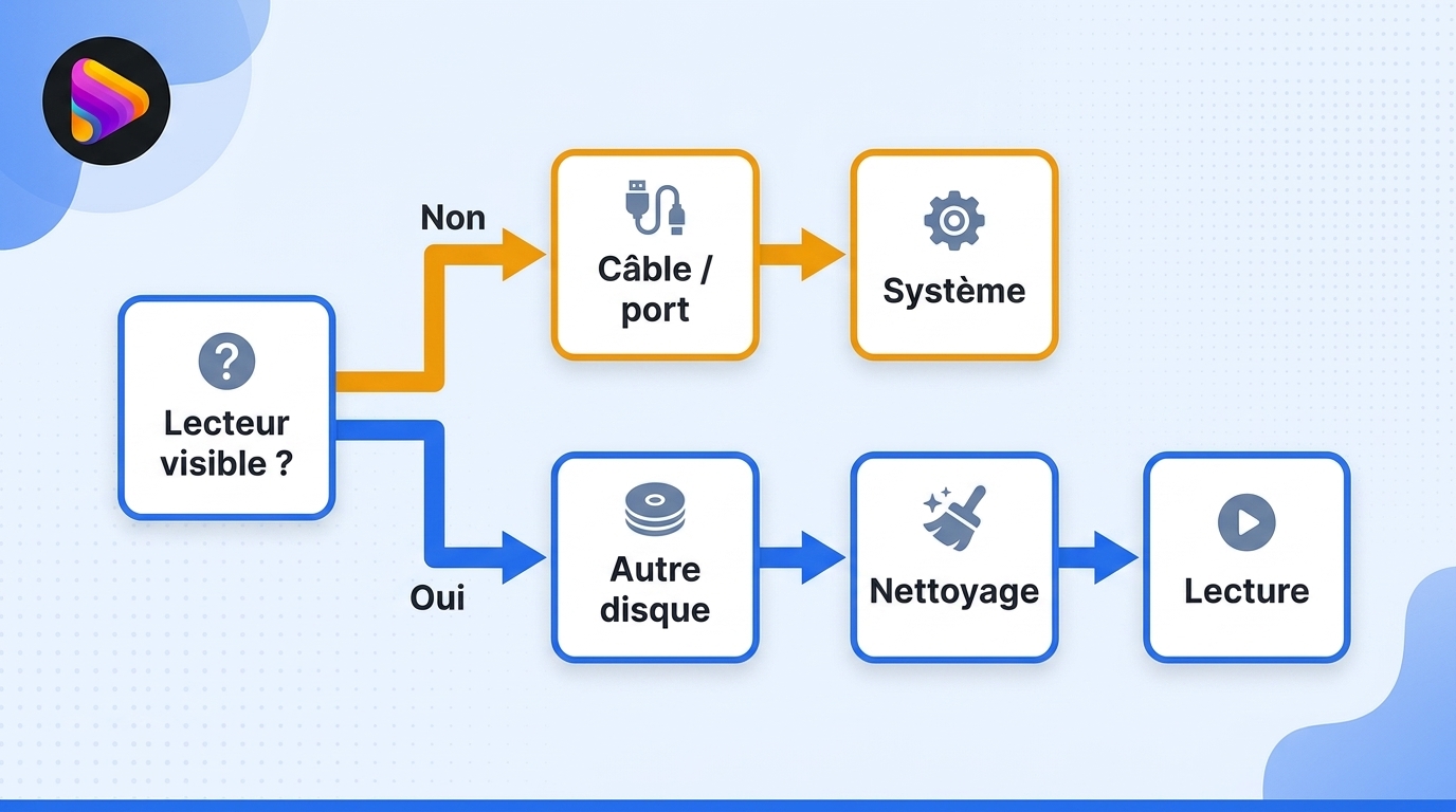 La visibilité du lecteur dans Windows ou macOS détermine la première branche du diagnostic.