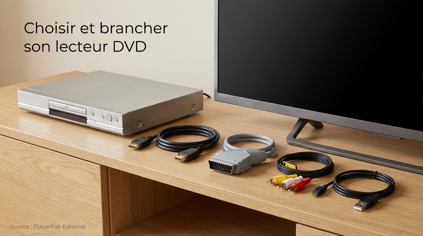 Lecteur DVD générique, téléviseur et câbles HDMI, Péritel, RCA et USB disposés pour comparer les bra