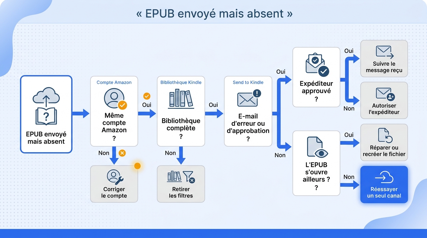 Diagnostiquer dans un ordre utile pourquoi un EPUB envoyé reste invisible, sans multiplier les renvo