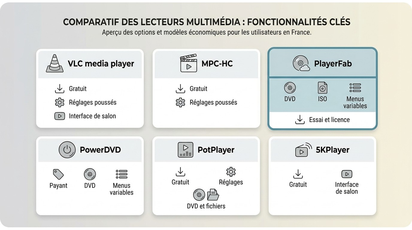 Comparaison de VLC, MPC-HC, PlayerFab, PowerDVD, PotPlayer et 5KPlayer pour DVD sous Windows.