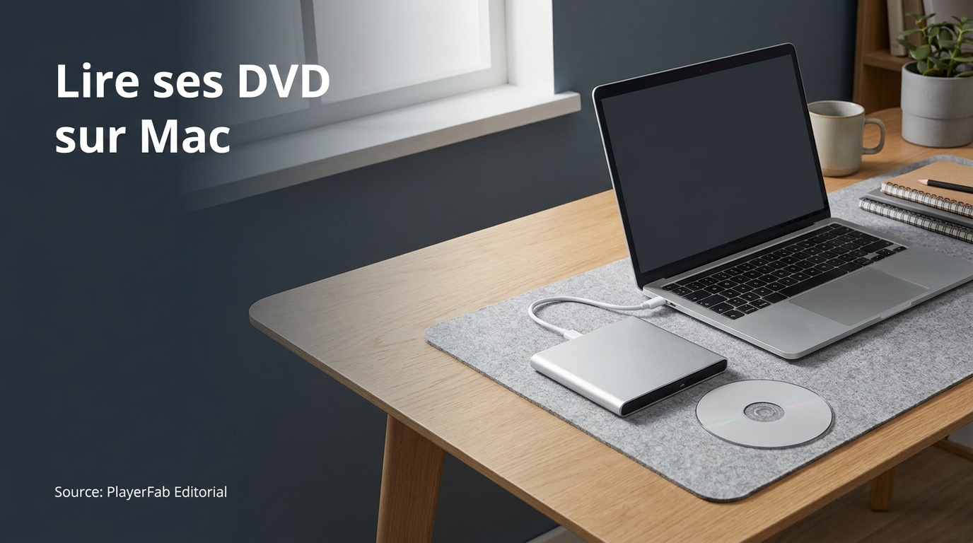 Ordinateur portable générique relié à un lecteur DVD externe, avec un disque non marqué posé à côté.