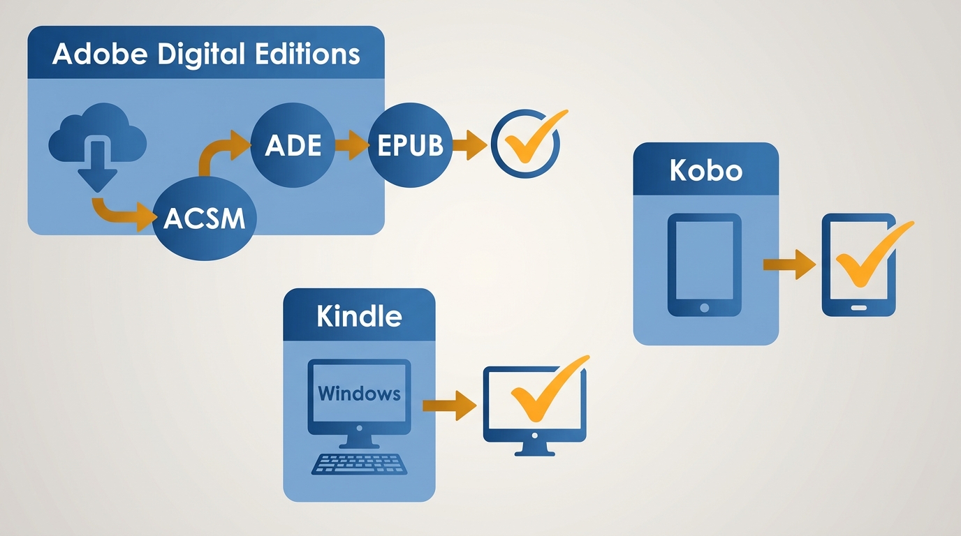 Parcours Adobe, Kobo et Kindle selon la source et le format du livre.