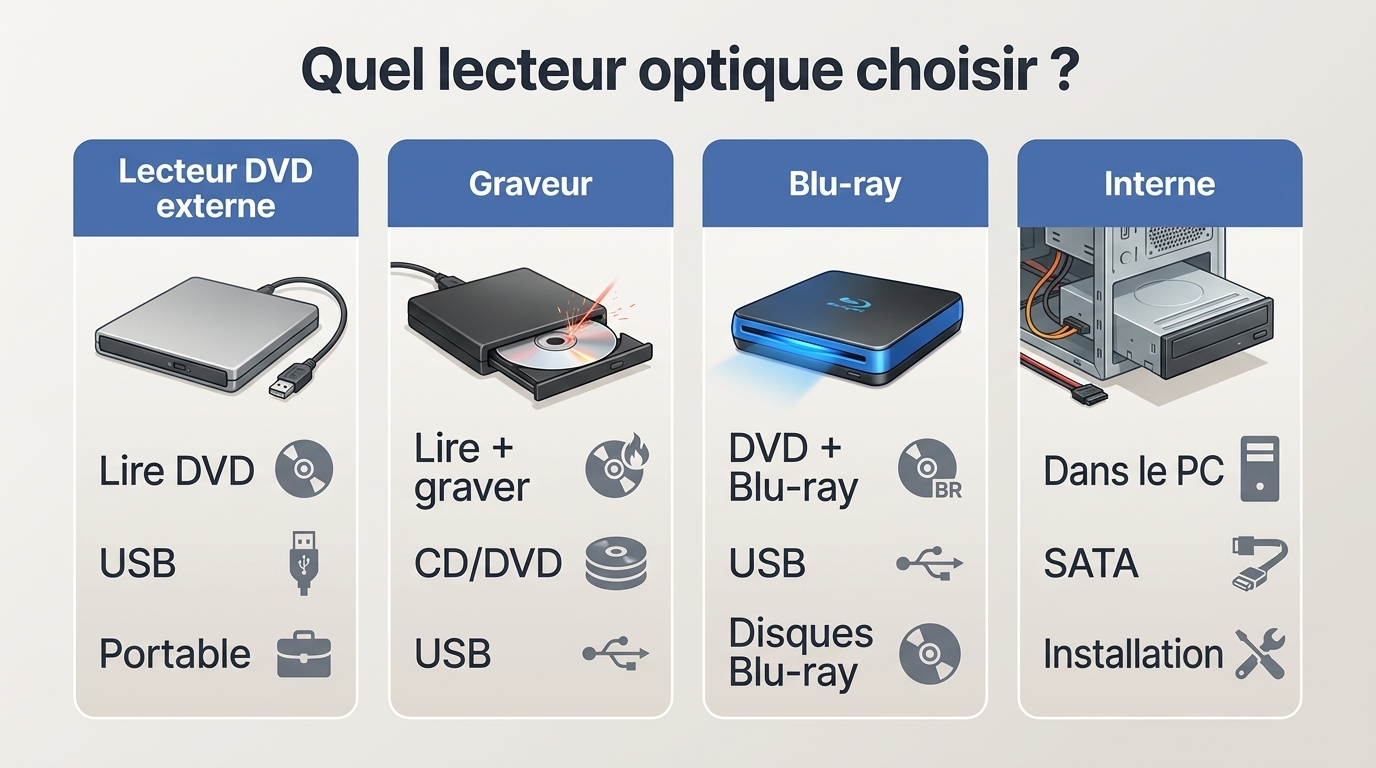 Matrice en français comparant lecteur DVD externe, graveur CD/DVD externe, lecteur Blu-ray externe e