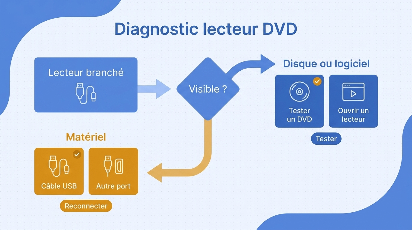 Organigramme en français pour diagnostiquer un lecteur DVD USB invisible ou un film qui ne démarre p