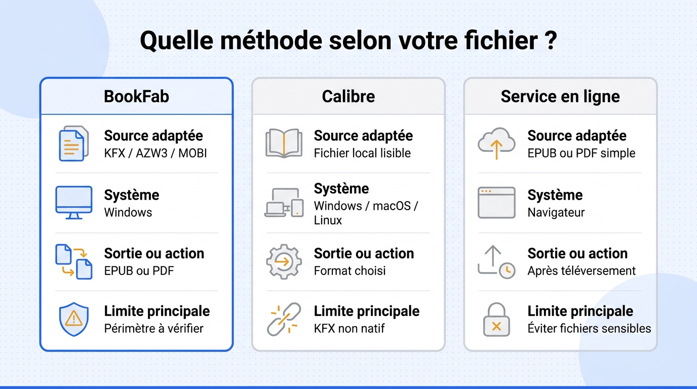 Matrice comparant BookFab, Calibre et un service en ligne selon la source, le système, la sortie et