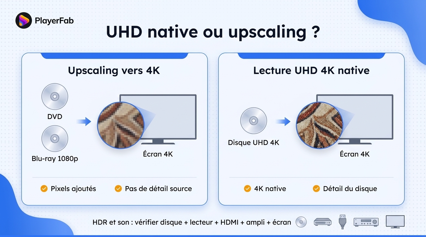 Comparaison entre l'upscaling d'un DVD ou Blu-ray 1080p et la lecture native d'un disque UHD 4K.