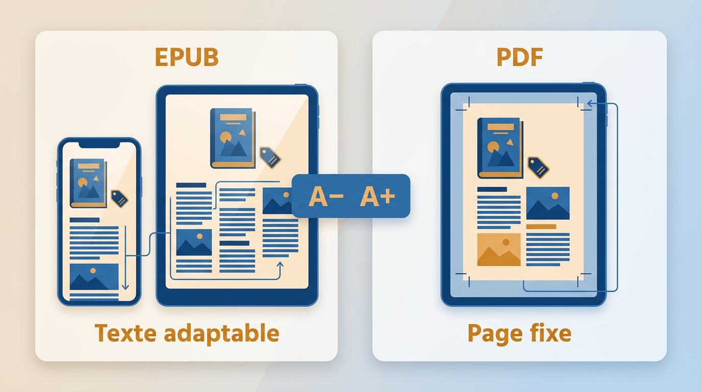 EPUB adapte le texte à l’écran, tandis que PDF conserve une page fixe.