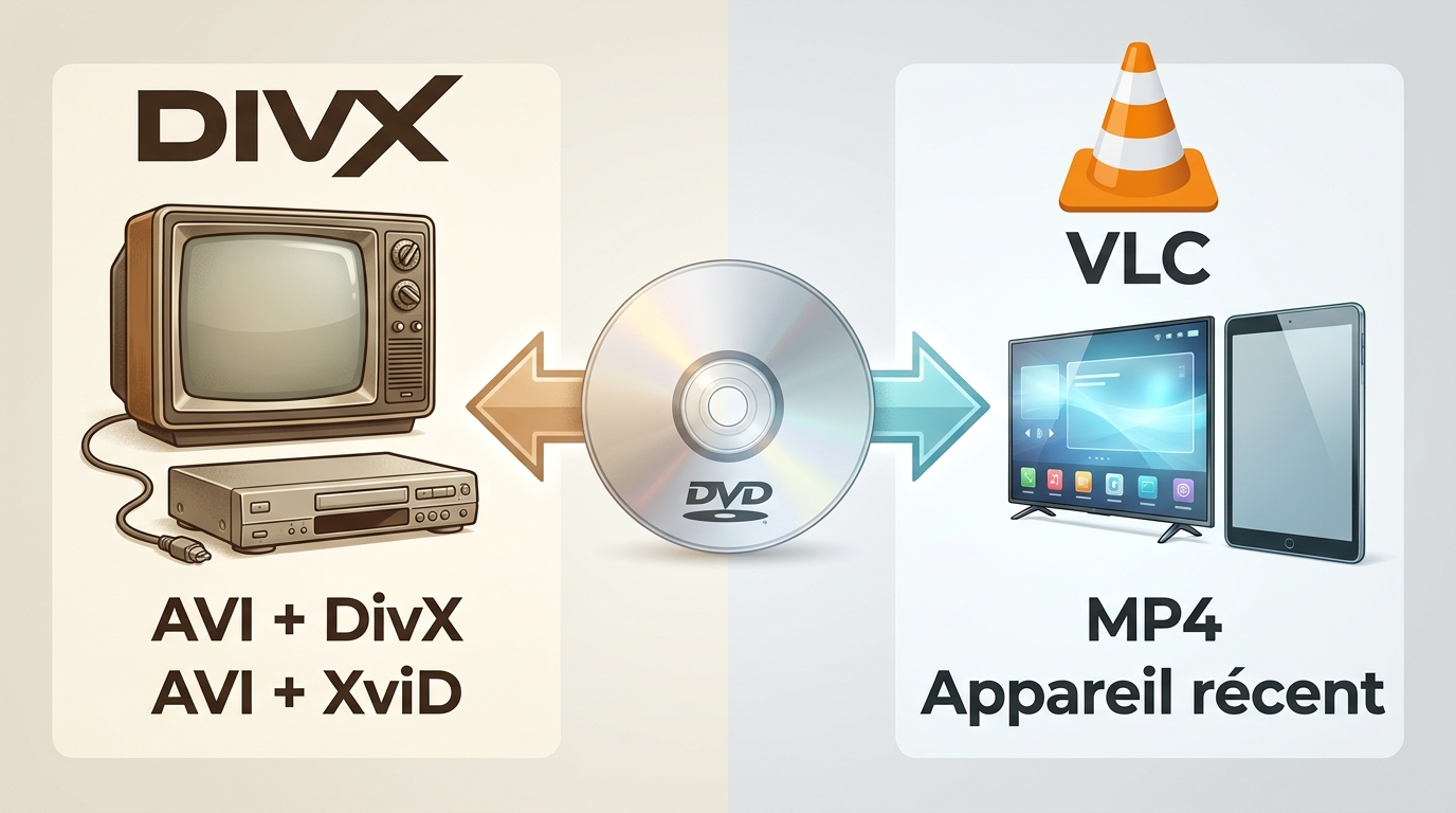 Choix entre AVI DivX ou XviD pour ancien lecteur et MP4 pour appareil récent.