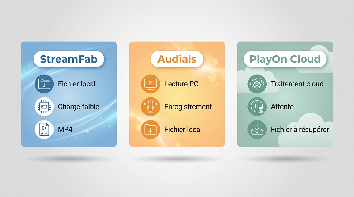 Comparaison de la charge locale, du délai et des fichiers entre StreamFab, Audials et PlayOn Cloud