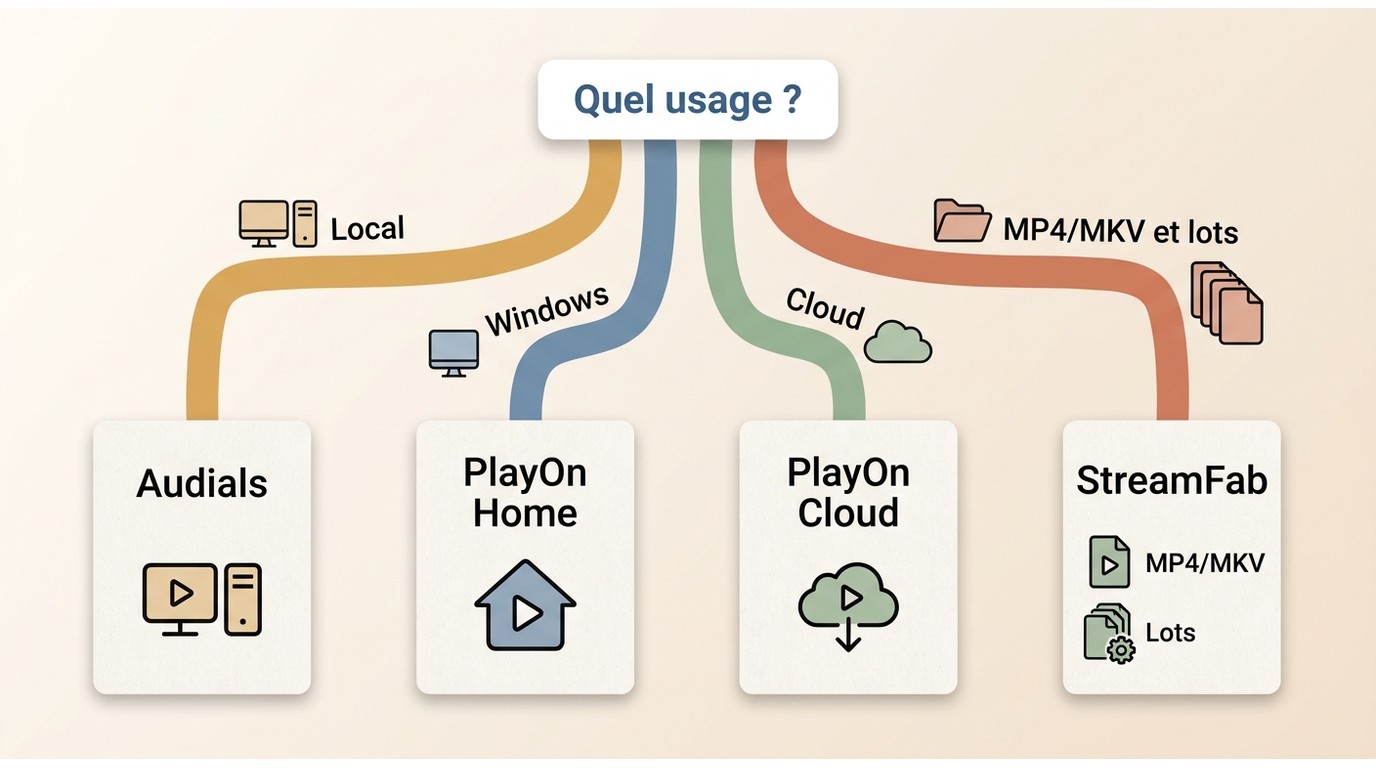 Arbre de décision pour choisir entre Audials, PlayOn Home, PlayOn Cloud et StreamFab