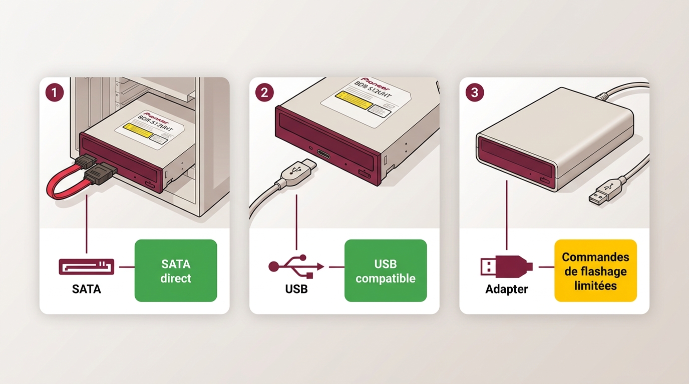 Connexions SATA et USB d’un Pioneer BDR-S12UHT pour le flashage.