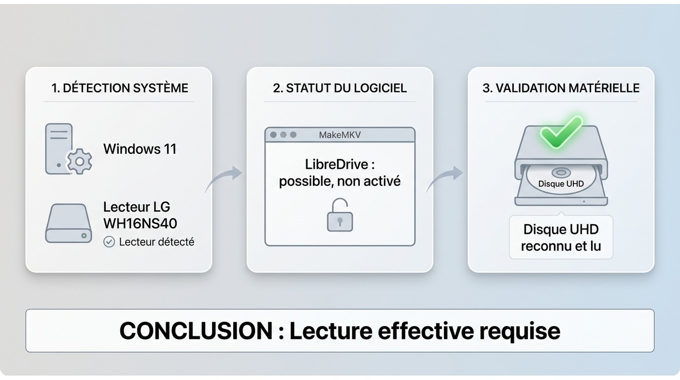 Validation d’un LG WH16NS40 avec Windows, MakeMKV et un disque UHD lu.