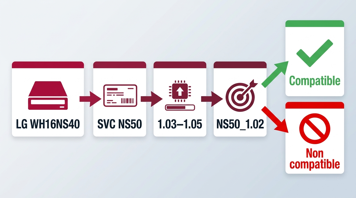 Vérification du modèle, SVC et firmware cible d’un lecteur LG, ASUS ou Pioneer.