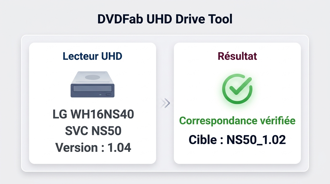 DVDFab UHD Drive Tool vérifie un LG WH16NS40 SVC NS50 avant écriture.