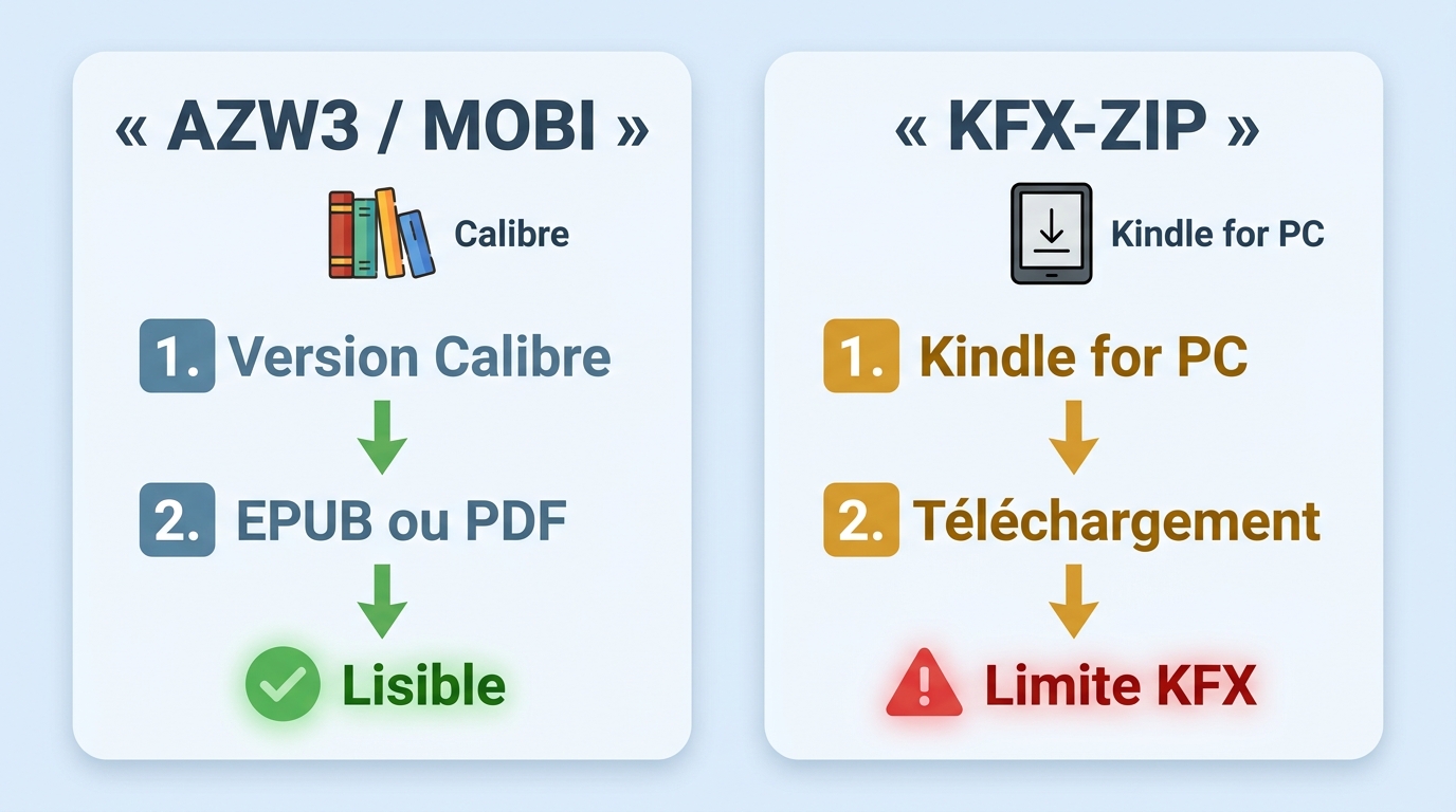 Diagnostic Calibre selon les fichiers Kindle AZW3, MOBI et KFX-ZIP