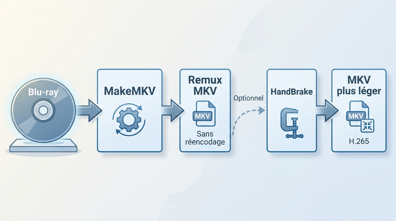 Parcours MakeMKV puis HandBrake entre remux MKV sans perte et compression H.265.