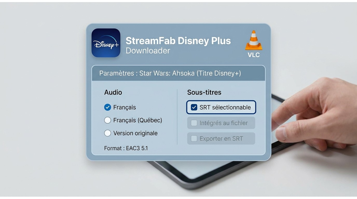 Sélection de l’audio français et des sous-titres SRT pour un titre Disney+.