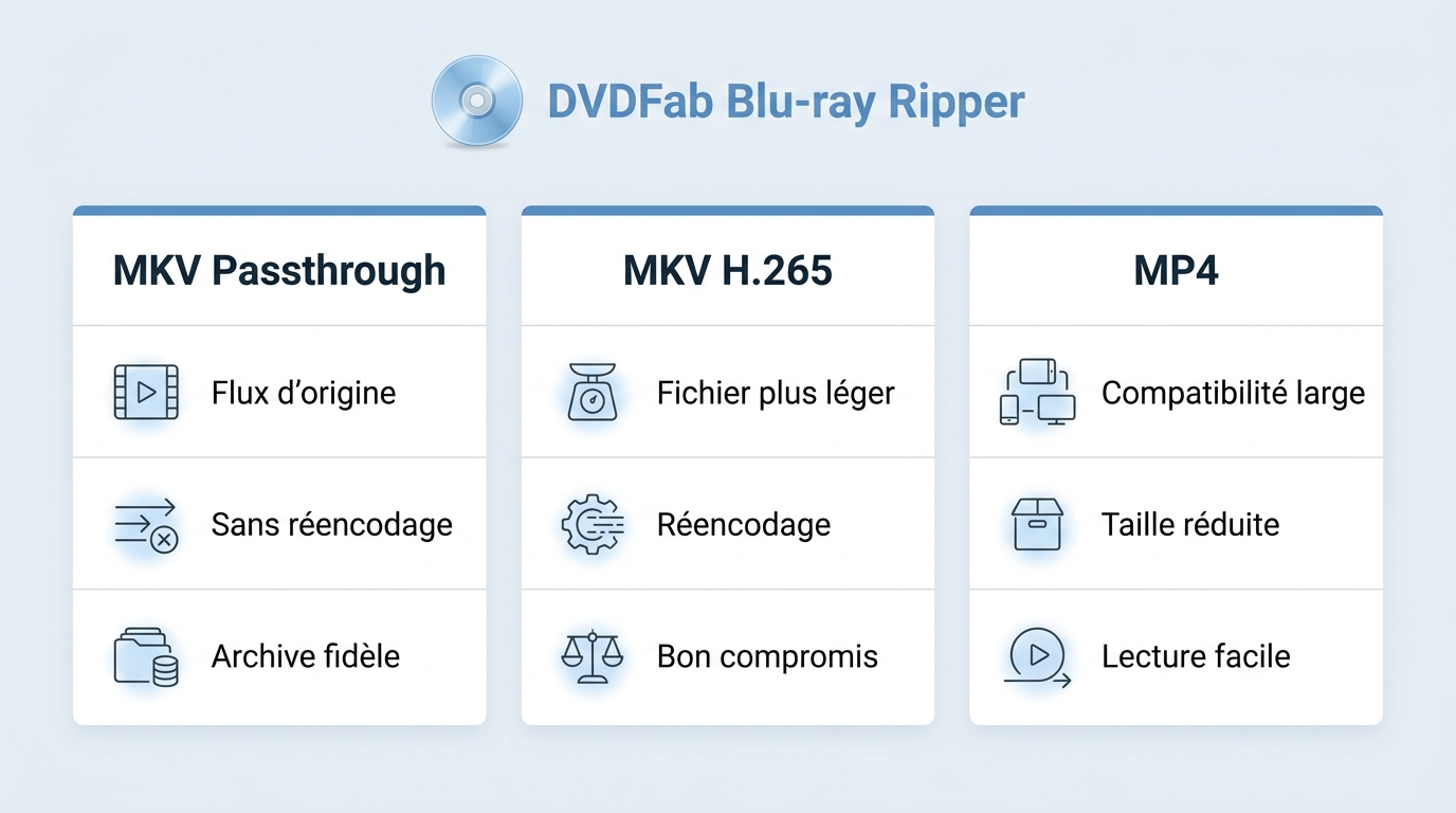 Comparaison DVDFab entre MKV Passthrough, MKV H.265 et MP4 selon taille et lecture.