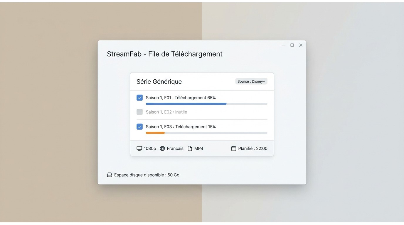 File StreamFab Disney+ pour une saison avec épisodes, français, MP4 et planification.