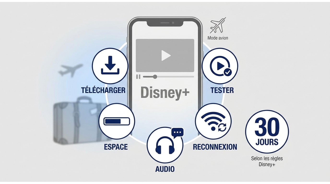 Checklist Disney+ avant un voyage avec téléchargement, test et reconnexion sous 30 jours.
