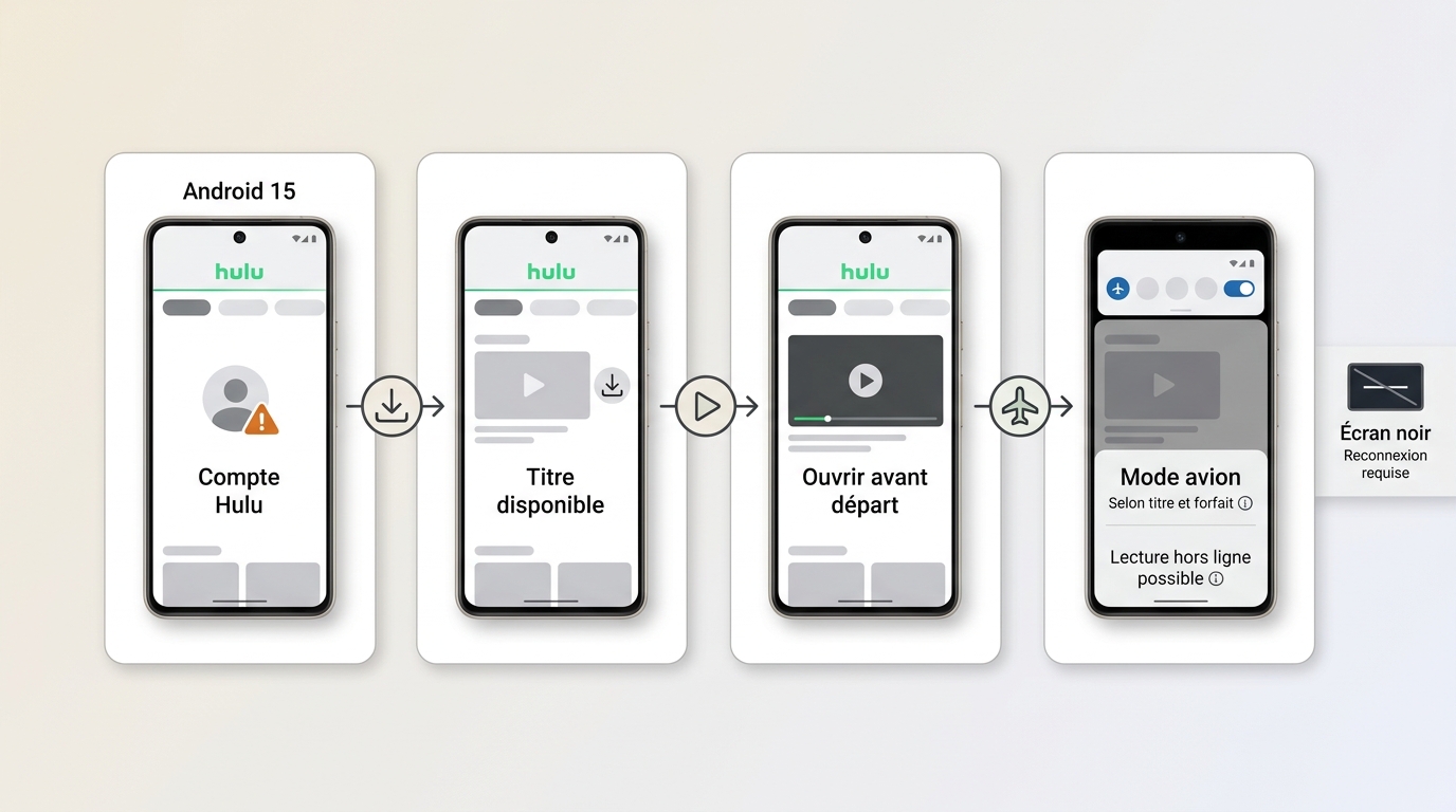 Vérifications Hulu sur Google Pixel 8 avant le mode avion pour éviter un échec de lecture.