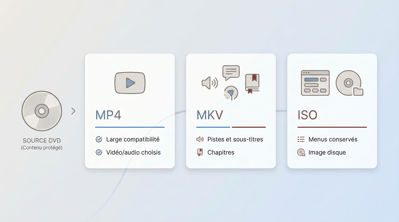 Comparaison MP4, MKV et ISO selon compatibilité, pistes et menus conservés