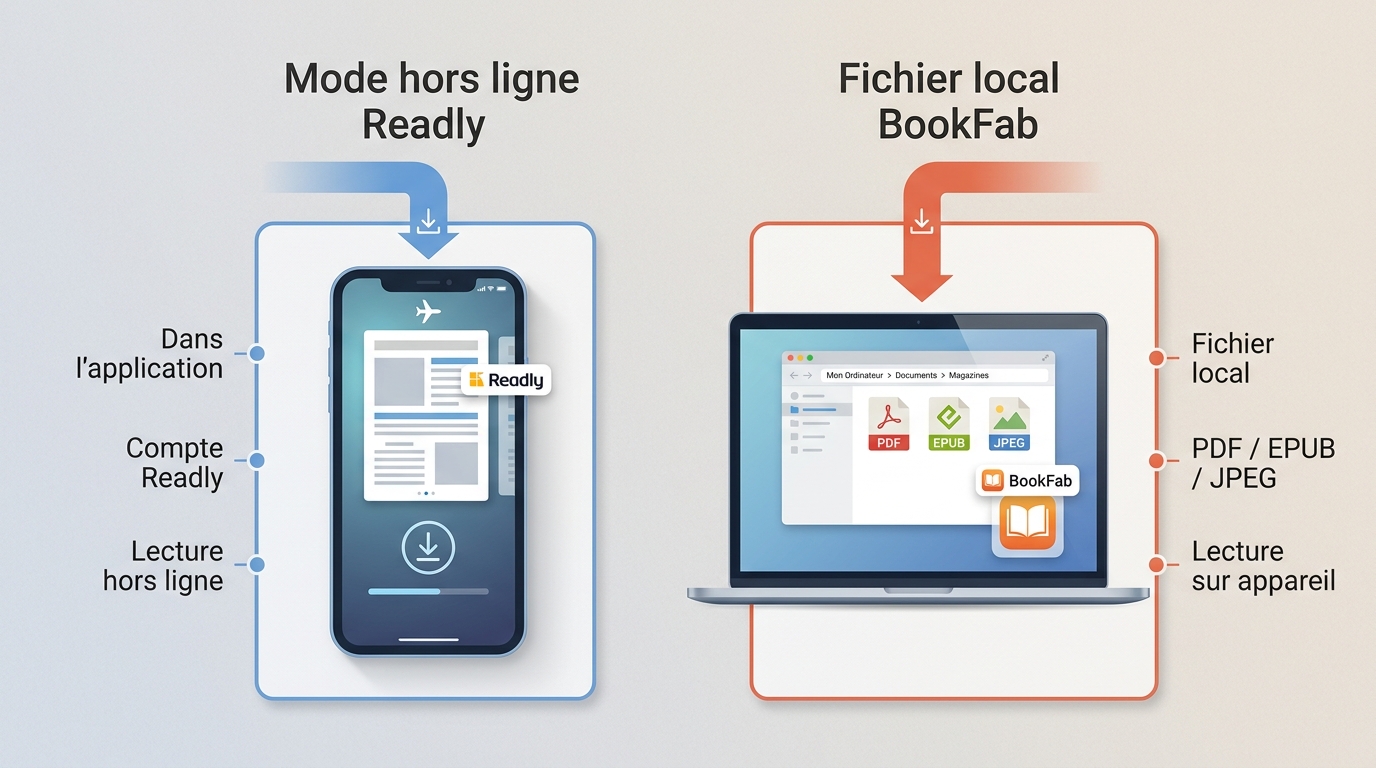 Comparaison entre le mode hors ligne Readly et un fichier local BookFab en PDF, EPUB ou JPEG.