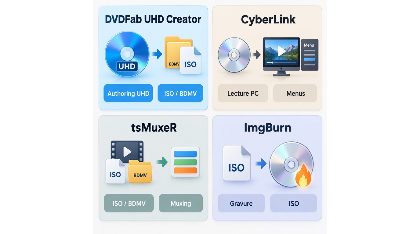 Différences entre DVDFab UHD Creator, CyberLink, tsMuxeR et ImgBurn pour un projet UHD