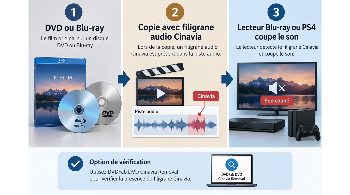 Fonctionnement de Cinavia avec un filigrane audio qui peut couper le son sur PS4 ou Blu-ray.