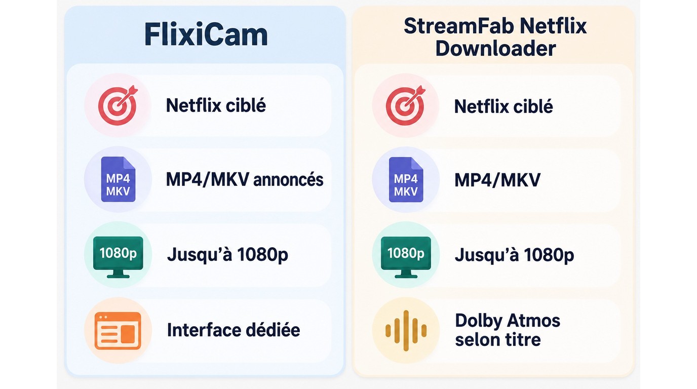 Comparaison de FlixiCam et StreamFab pour les formats et fonctions