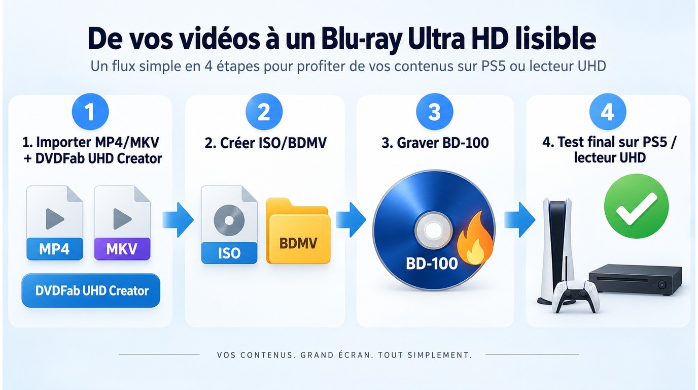 Flux DVDFab UHD Creator du fichier MP4 ou MKV vers ISO, gravure BD-100 et test final