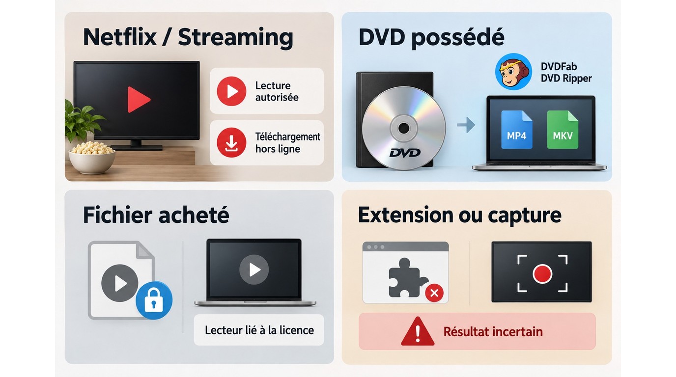 Comparaison des options DRM pour Netflix, DVD, fichier acheté et capture selon le contenu.