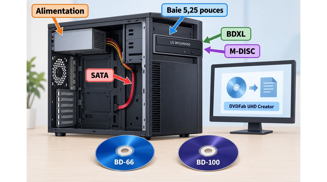 Prérequis PC pour installer un LG WH16NS60 avec SATA, alimentation, BDXL et M-DISC