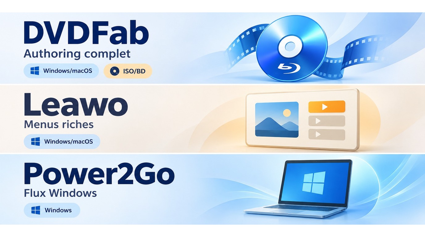 Choix entre DVDFab, Leawo et Power2Go selon authoring, menus et flux Windows