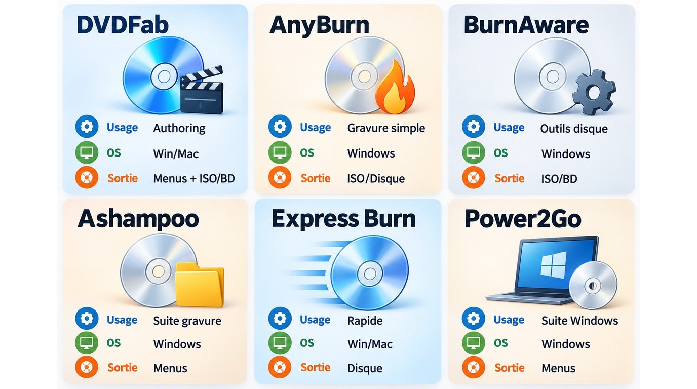 Comparaison de DVDFab, AnyBurn, BurnAware, Ashampoo, Express Burn et Power2Go